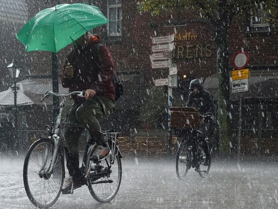 Zwei Fahrradfahrer in strömendem Regen, davon einer mit grünem Schirm