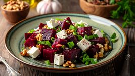 Rote-Bete-Salat mit Feta und Walnüssen auf Kermaikteller angerichtet
