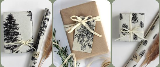 Geschenkverpackungen mit Naturmotiven, Bändern und Pflanzen. Text: "NOA" auf Geschenkpapier.