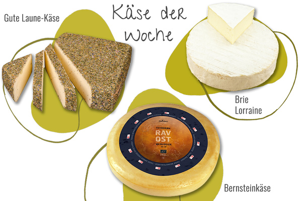 KI generiert: Käseauswahl: Gute Laune-Käse, Brie Lorraine, Bernsteinkäse. Text: "Käse der Woche".