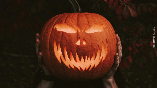 KI generiert: Ein Halloween-Kürbis mit grimmigem Gesicht wird von Händen gehalten.