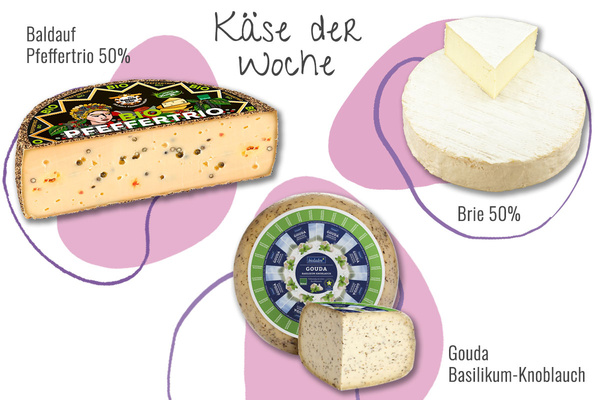 KI generiert: Drei Käsesorten: Baldauf Pfeffertrio 50%, Brie 50%, Gouda Basilikum-Knoblauch. Text: "Käse der Woche".