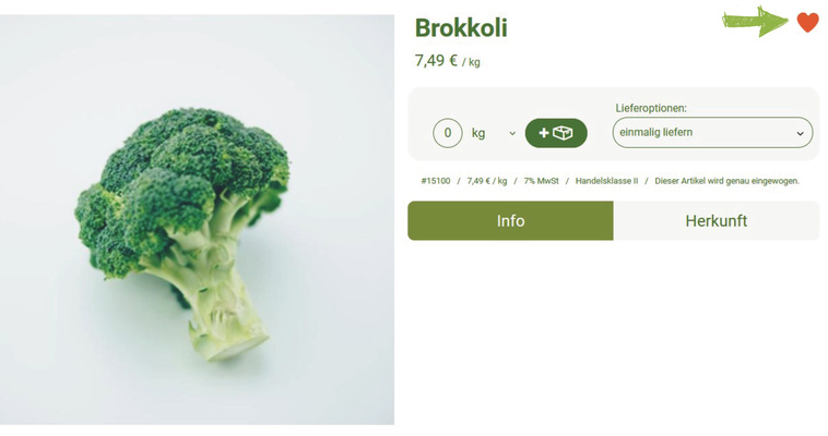 KI generiert: Das Bild zeigt einen Brokkolikopf mit einer Preisangabe von 7,49 € pro Kilogramm in einem Online-Shop. Es gibt Optionen zur Mengenangabe und Lieferung sowie Informationen zur Herkunft und Zusatzoptionen.