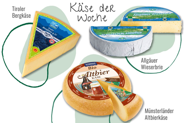 KI generiert: Verschiedene Käsesorten mit der Überschrift "Käse der Woche": Tiroler Bergkäse, Allgäuer Wiesebrie, Münsterländer Altbierkäse.