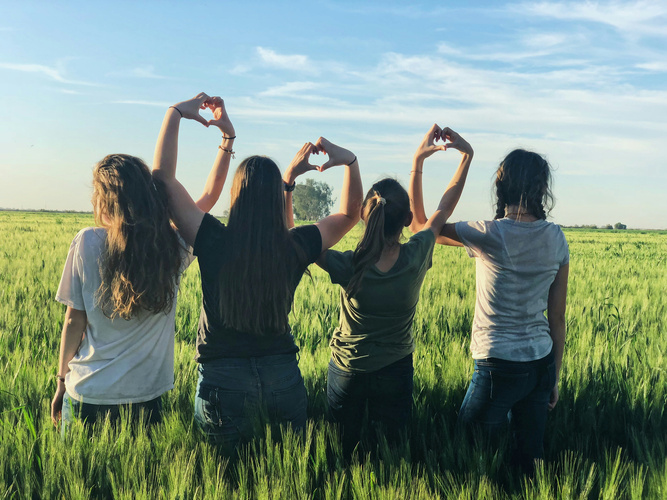 KI generiert: Vier Frauen stehen in einem Feld und formen Herzsymbole mit ihren Händen.