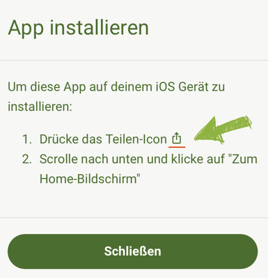 KI generiert: Anleitung zur Installation einer iOS App, mit Schritt-für-Schritt-Anweisungen und einem "Schließen"-Button.