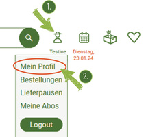 KI generiert: Benutzeroberfläche mit Profiloptionen: "Mein Profil", "Bestellungen", "Lieferpausen", "Meine Abos", "Logout".