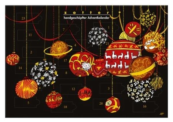 KI generiert: Ein weihnachtlicher Adventskalender mit bunten Kugeln und Mustern. Text: "zotter handgeschöpfter Adventkalender".