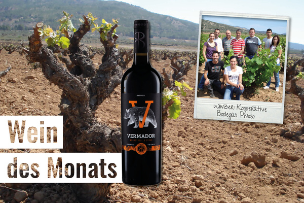 KI generiert: Wein des Monats, Flasche "Vermador" vor einem Weinberg, mit Foto von Winzern: "Winzer: Kooperative Bodegas Pinoso".