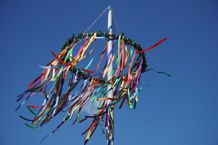 geschmückter Maibaum mit bunten Bändern gegen einen klaren blauen Himmel.