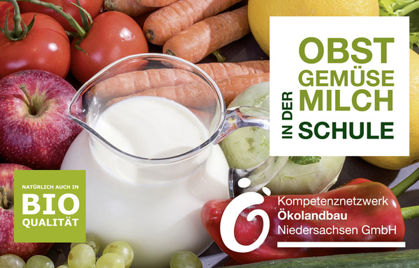KI generiert: Ein Tisch mit Obst, Gemüse und Milch. Text: "OBST GEMÜSE MILCH IN DER SCHULE" und "BIO QUALITÄT".