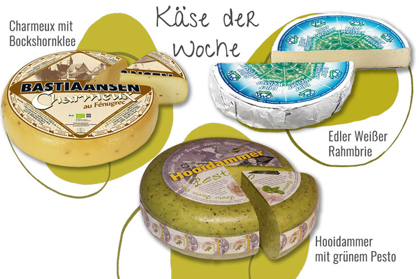 KI generiert: Drei Käsesorten als "Käse der Woche": Charmeux, Rahmbrie und Hooidammer im Bild.