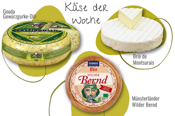 KI generiert: Drei Käsesorten: Gouda, Brie und Münsterländer. Text: "Käse der Woche".