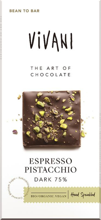Produktfoto zu Schokolade Espresso Pistacchio Dark 75%, vegan