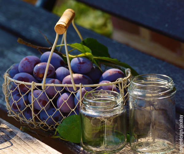 Metallkorb mit Zwetschgen, daneben leere, geöffnete Einmachgläser