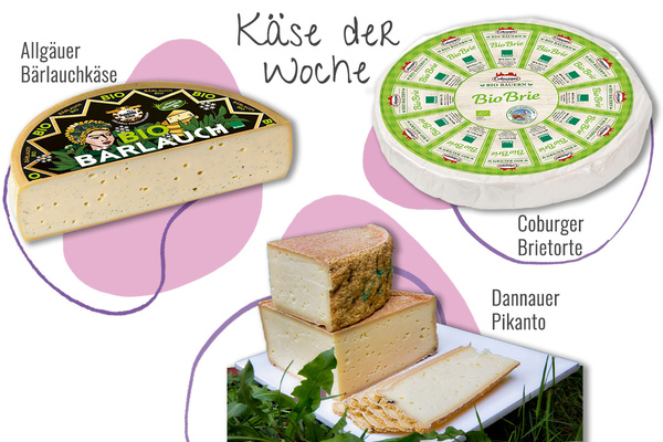 KI generiert: Drei Käsesorten: Allgäuer Bärlauchkäse, Coburger Brietorte, Dannauer Pikanto. Text: "Käse der Woche".