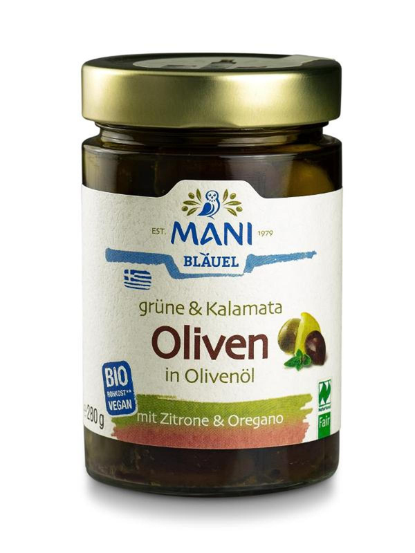 Produktfoto zu grüne & Kalamata Oliven in Olivenöl mit Stein