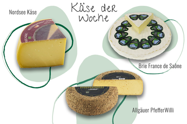 KI generiert: Verschiedene Käsesorten: Nordsee Käse, Brie France de Saône, Allgäuer PfefferWilli. Text: "Käse der Woche".