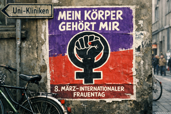 KI generiert: Poster an einer Wand: "MEIN KÖRPER GEHÖRT MIR. 8. März - Internationaler Frauentag."