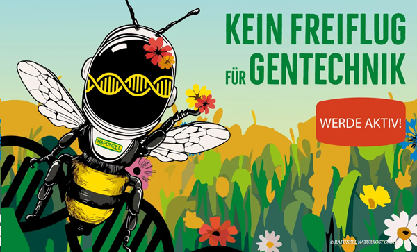 KI generiert: Eine Biene mit Helm, der gegen Gentechnik protestiert. Text: "KEIN FREIFLUG FÜR GENTECHNIK. WERDE AKTIV!"