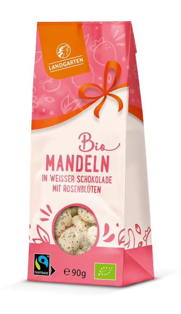Produktfoto zu Mandeln in weißer Schokolade mit Rosenblüten