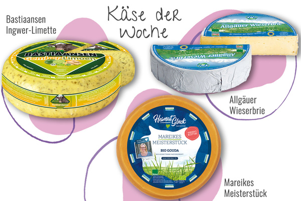 KI generiert: Eine Auswahl von drei Käsesorten: Bastiaansen Ingwer-Limette, Allgäuer Wieserbrie, Mareikes Meisterstück. Text: "Käse der Woche".