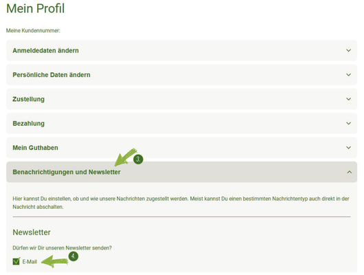 KI generiert: Profilseite mit Optionen zur Verwaltung von Benachrichtigungen und Newslettern per E-Mail.