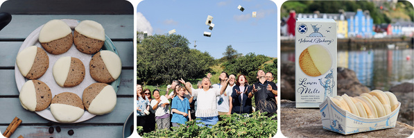 Das Bild zeigt eine Collage mit drei Fotos: links ein Teller mit Keksen, in der Mitte eine Gruppe von Menschen, die Lebensmittel in die Luft werfen, und rechts eine Verpackung mit Keksen vor einer malerischen Kulisse. Der Hauptinhalt des Bildes dreht sich um Gebäck und dessen Präsentation.