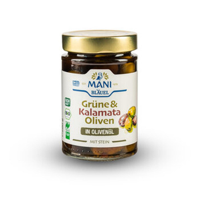 Produktfoto zu grüne & Kalamata Oliven in Olivenöl mit Stein
