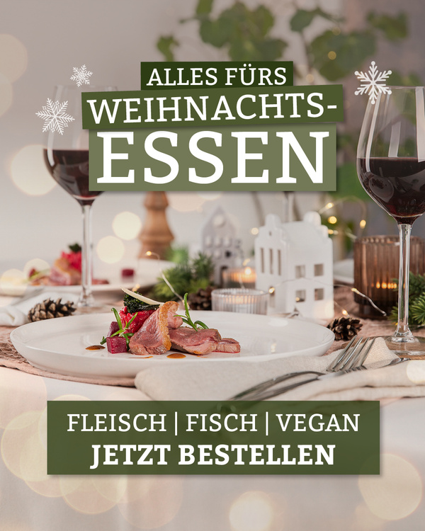 Das Bild zeigt eine festlich gedeckte Tafel mit einem Teller und einem Glas Rotwein, um ein Weihnachtsessen anzukündigen. Textlich werden Optionen für Fleisch, Fisch und vegane Gerichte angeboten.