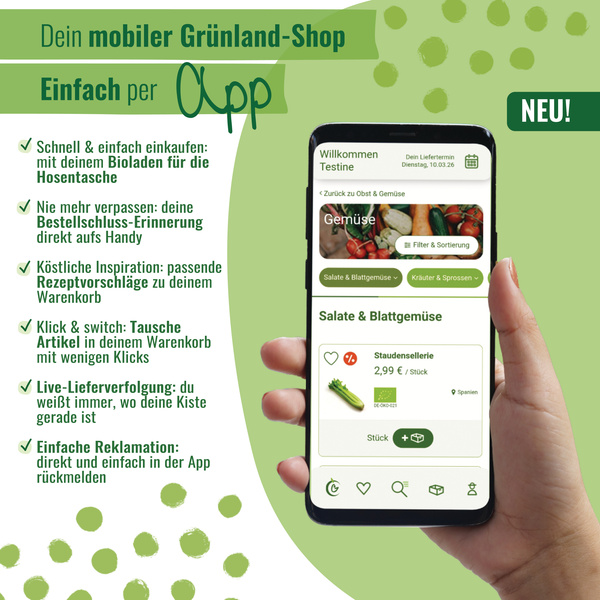 KI generiert: Eine Hand hält ein Smartphone mit einer App für den mobilen Gemüse-Shop. Text: "Dein mobiler Grünland-Shop...".