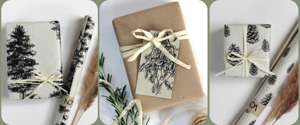 KI generiert: Geschenkverpackungen mit Naturmotiven, Bändern und Pflanzen. Text: "NOEL" auf Geschenkpapier.