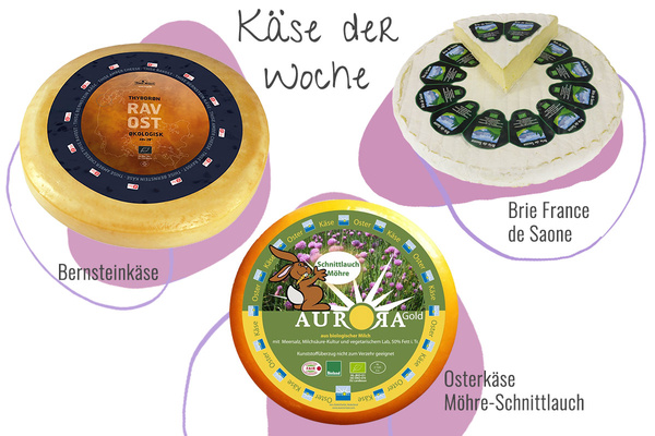 Drei Käsesorten in einem Bild - Bernsteinkäse, Brie de France und Osterkäse