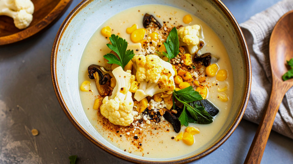 Tiefer Teller mit einer Blumenkohl-Mais-Suppe drin