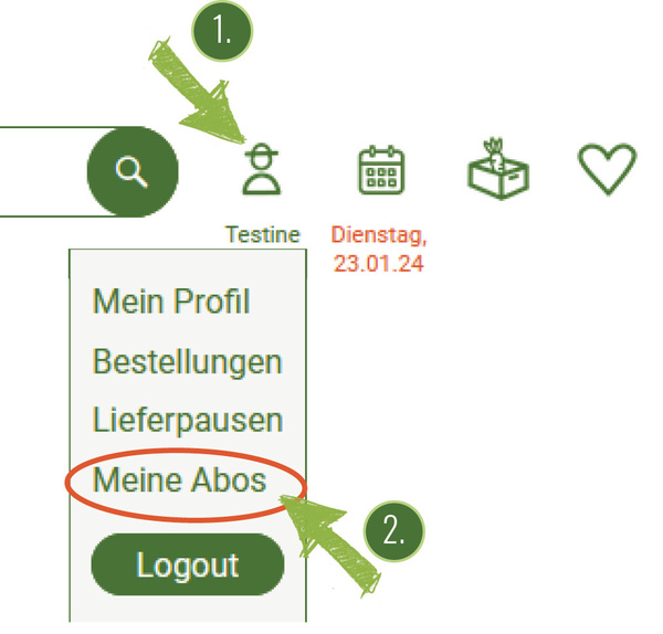 KI generiert: Das Bild zeigt ein Benutzerprofilmenü einer Webseite mit verschiedenen Optionen wie "Mein Profil", "Bestellungen", und "Meine Abos". Zwei grüne Pfeile heben das Profil-Icon und die Option "Meine Abos" hervor.