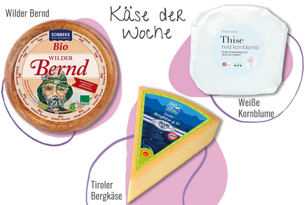 KI generiert: Drei Käsesorten: Wilder Bernd, Weiße Kornblume, Tiroler Bergkäse. Text: "Käse der Woche".