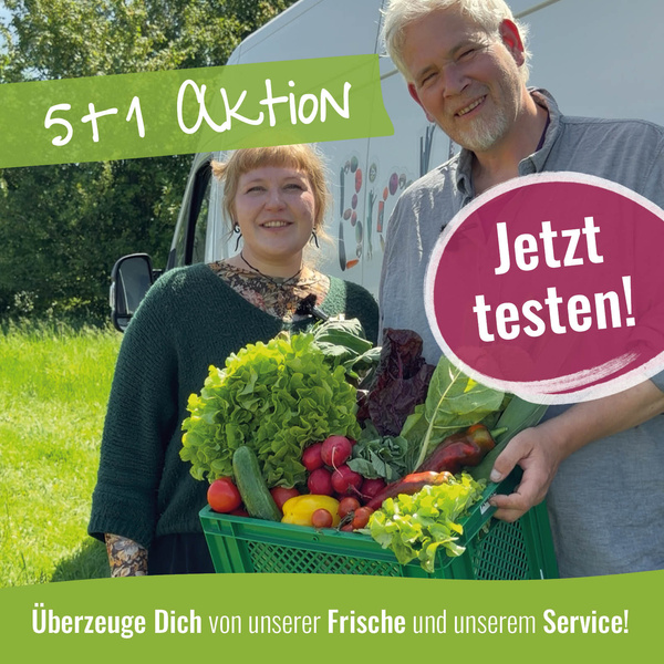 KI generiert: Ein Mann und eine Frau halten Obst und Gemüse. Text: "5+1 Aktion, Jetzt testen! Überzeuge Dich von unserer Frische und unserem Service!"