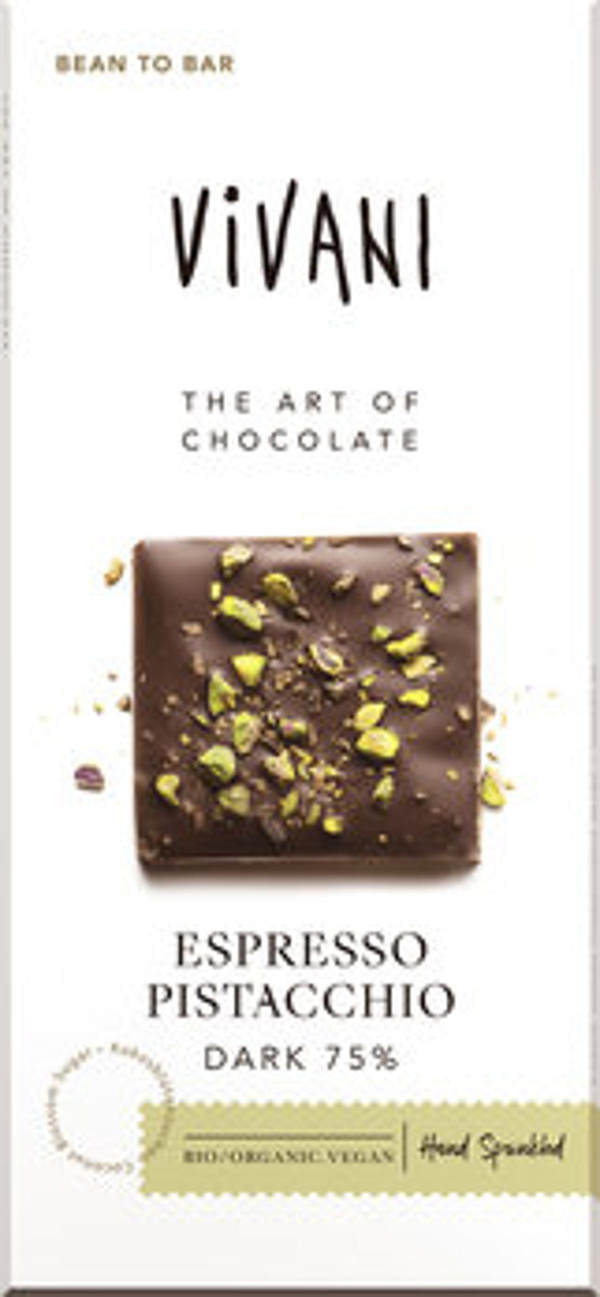 Produktfoto zu Schokolade Espresso Pistacchio Dark 75%, vegan