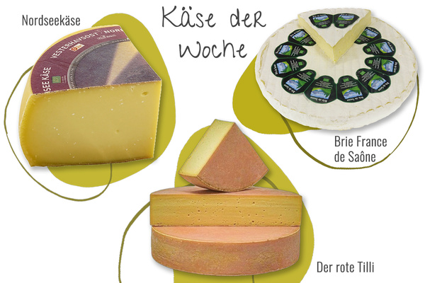 KI generiert: Das Bild zeigt drei Käsesorten, die als "Käse der Woche" präsentiert werden. Die abgebildeten Käsesorten sind Nordseekäse, Brie France de Saône und Der rote Tilli.