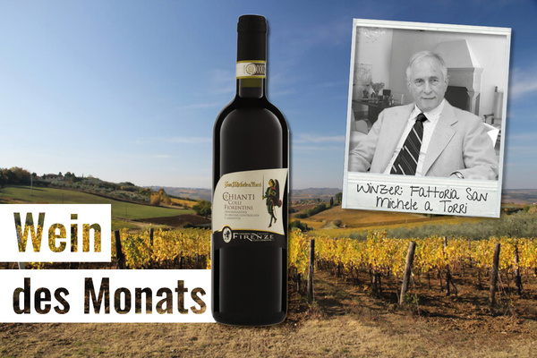 KI generiert: Eine Weinflasche vor Weinbergen, Text: "Wein des Monats", "Winzer: Fattoria San Michele a Torri".