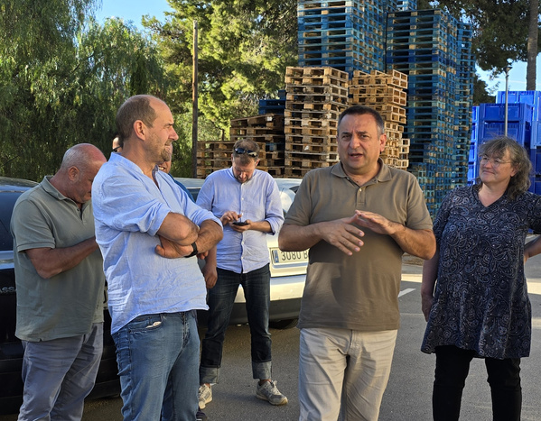 KI generiert: Eine Gruppe von Menschen unterhält sich im Freien neben einem Auto, mit gestapelten Paletten im Hintergrund. Sie befinden sich offenbar auf einem Gelände mit Bäumen und einem Gebäude.