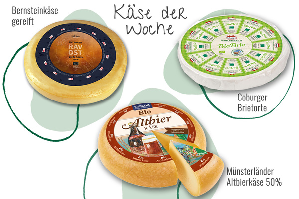 KI generiert: Bild mit vier Käsesorten: Bernsteinkäse, Bio Altbierkäse, Coburger Brietorte. Text: "Käse der Woche".