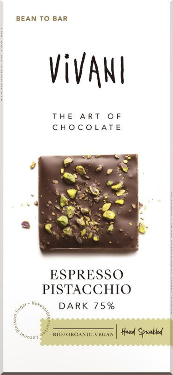 Produktfoto zu Schokolade Espresso Pistacchio Dark 75%, vegan