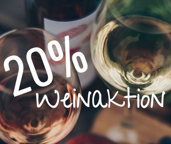 KI generiert: Zwei Weingläser mit dem Text: "20% Weinaktion".
