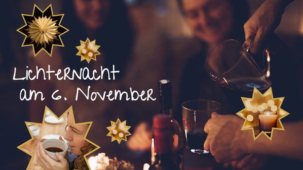 Glühweon wird eingeschenkt mit Menschen im Hintergrund und dem Text "Lichternacht am 6. November"