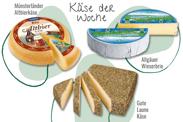 KI generiert: Käsesorten der Woche: Bio Altbierkäse, Allgäuer Wieserbrie, Gute Laune Käse.