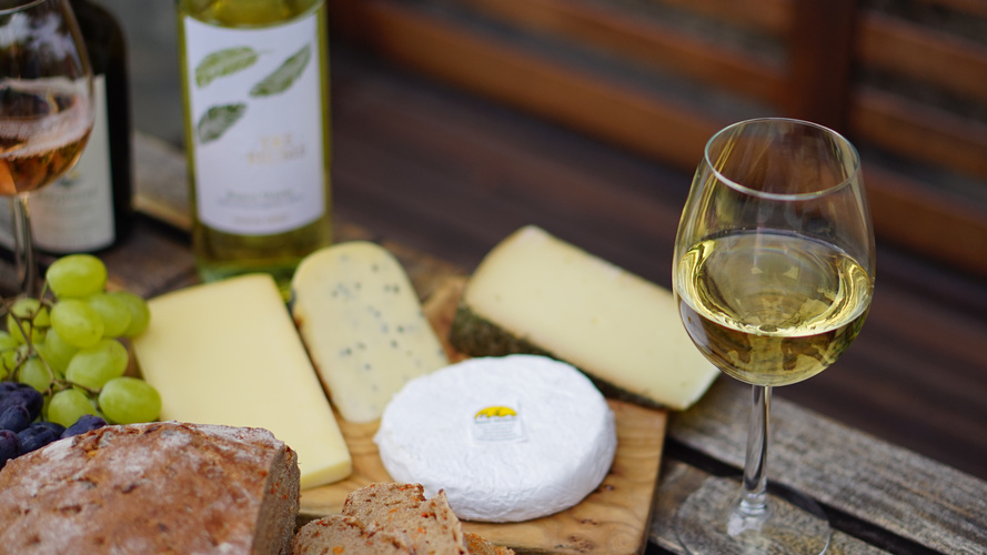 Weinprobe mit Käse und Brot