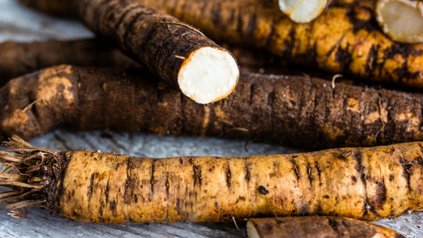 KI generiert: Nahaufnahme von Wurzeln mit erdiger Schale auf einer Holzfläche. Keinerlei Text enthalten.