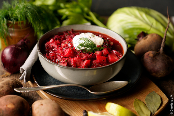 Borschtsch in Suppenschüssel mit Löffel auf Teller umgeben von Zutaten