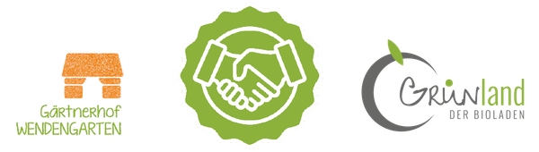 KI generiert: Das Bild zeigt drei Logos mit Texten: "Gärtnerhof Wendengarten", ein Handschlag-Symbol und "Grünland der Bioladen".